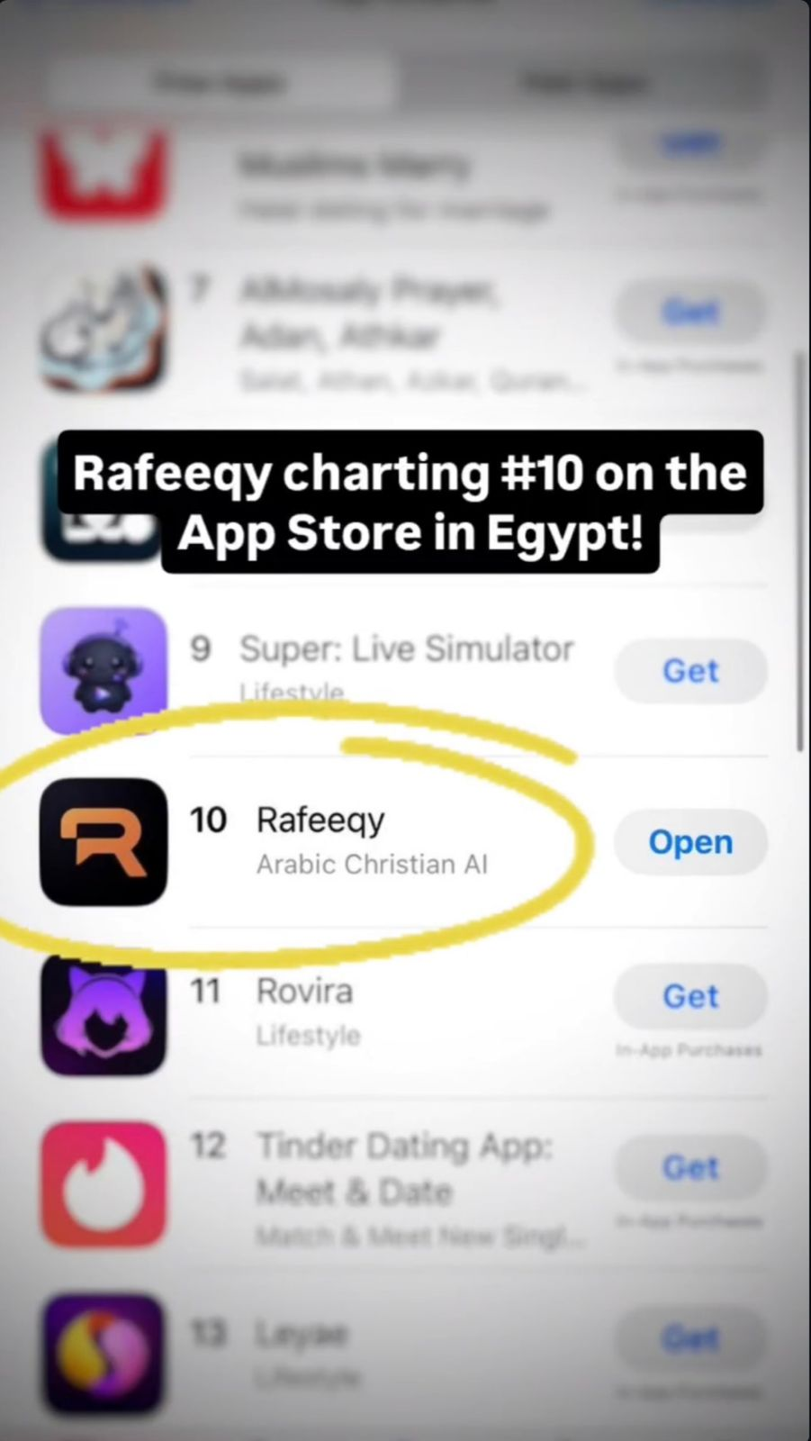 لقطة شاشة نشرتها الحياة الأفضل تُظهر رفيقي #10 في قائمة Lifestyle بجوار Tinder #12 — مصر، مايو 2026